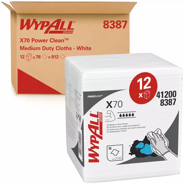 Poetsdoek WypAll X70 PowerClean 42,1x37,5cm 12x76vel wit 8387