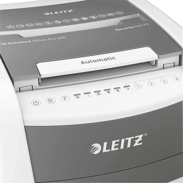 Een Papiervernietiger Leitz IQ Auto+ Office Pro 600 P5 snippers 2x15mm koop je bij Unimark Office B.V.