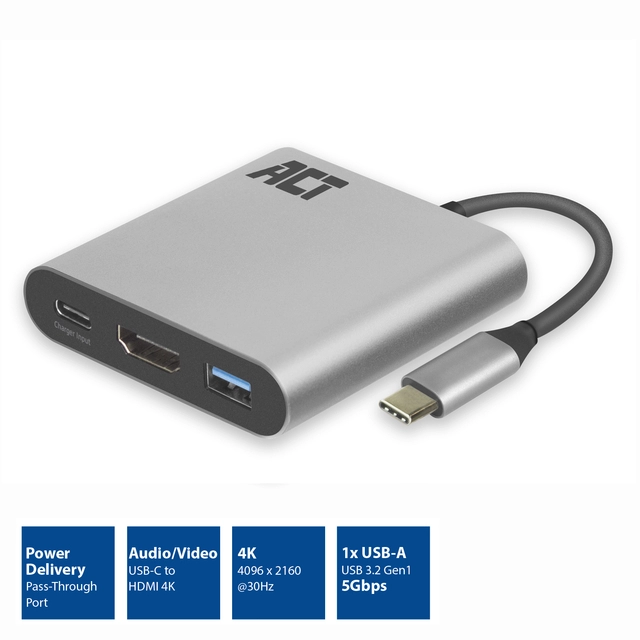 Een Adapter ACT USB-C multiport voor 1 HDMI monitor koop je bij Klik Office BV