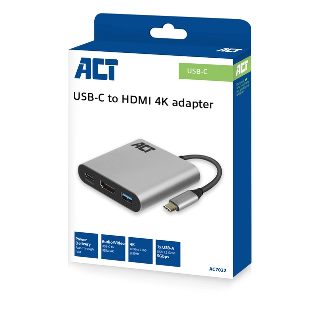 Een Adapter ACT USB-C multiport voor 1 HDMI monitor koop je bij De Angelot