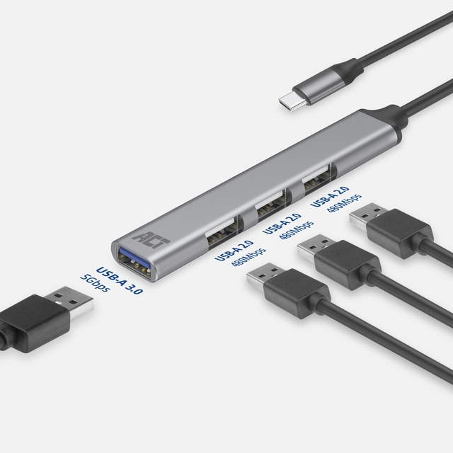 Een Hub ACT USB-C 3x USB-A 2.0 en 1x USB-A 3.0 koop je bij Klik Office BV