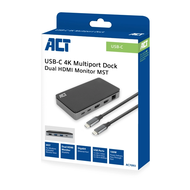 Een Dockingstation ACT USB-C 4K MST voor 2 HDMI monitoren koop je bij Klik Office BV