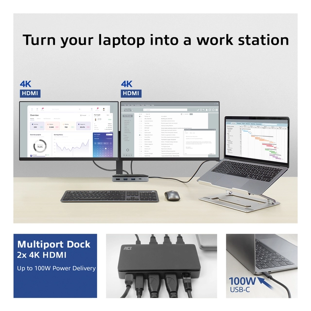 Een Dockingstation ACT USB-C 4K MST voor 2 HDMI monitoren koop je bij Klik Office BV