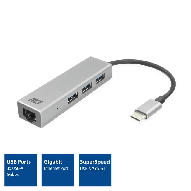 Een Hub ACT USB-C 3.0 3x USB-A Gigabit ethernet koop je bij Omnia 4 Office