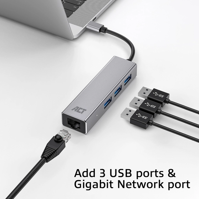 Een Hub ACT USB-C 3.0 3x USB-A Gigabit ethernet koop je bij Omnia 4 Office