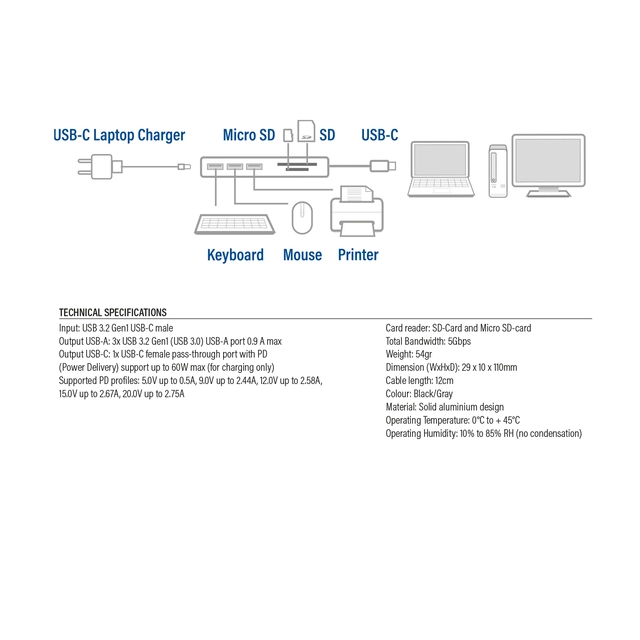 Hub ACT USB-C 3.0, 3x USB-A cardreader PD p-through