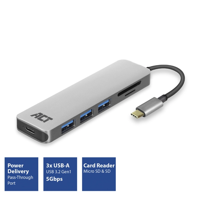 Hub ACT USB-C 3.0, 3x USB-A cardreader PD p-through