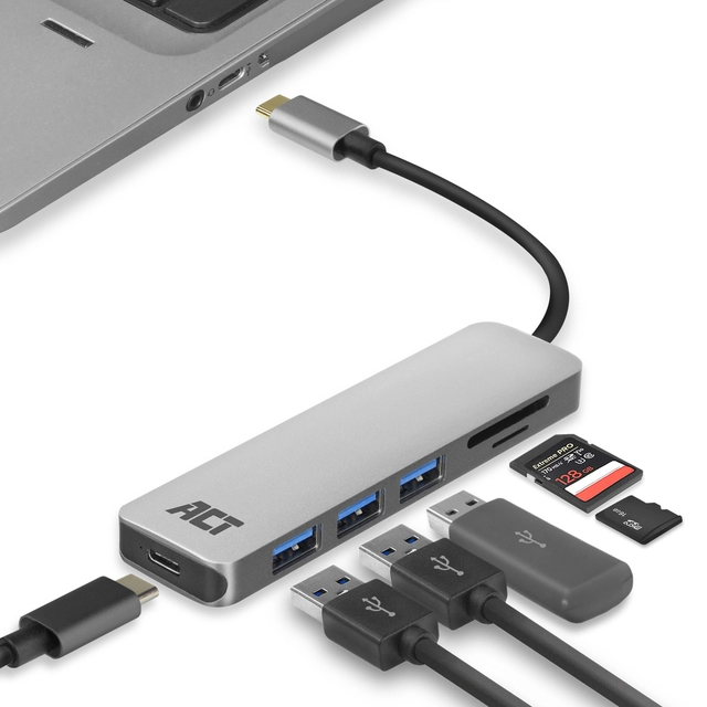 Hub ACT USB-C 3.0, 3x USB-A cardreader PD p-through