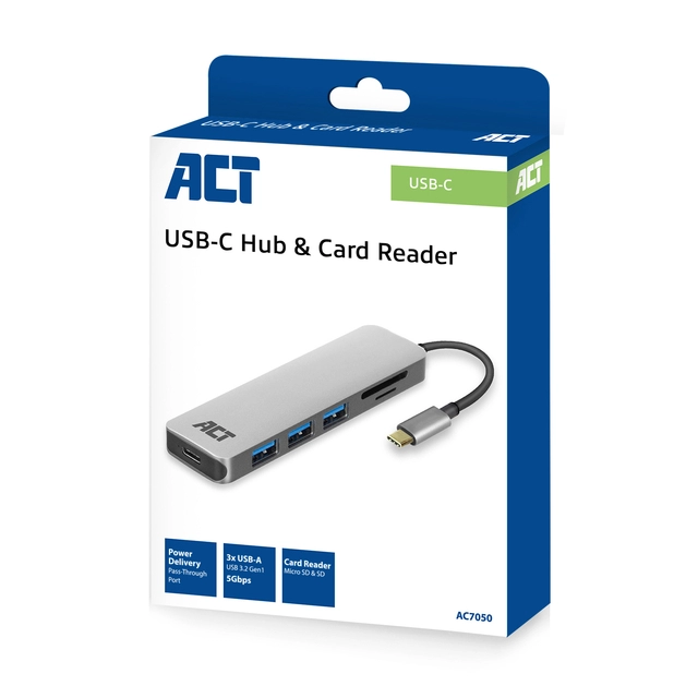 Hub ACT USB-C 3.0, 3x USB-A cardreader PD p-through