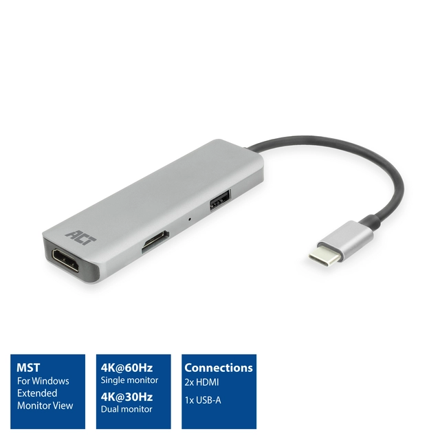 Een Adapter ACT USB-C 4K multiport voor 2 HDMI monitoren koop je bij Klik Office BV