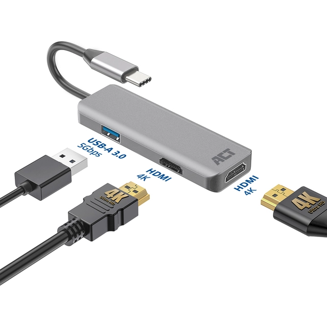 Een Adapter ACT USB-C 4K multiport voor 2 HDMI monitoren koop je bij Klik Office BV