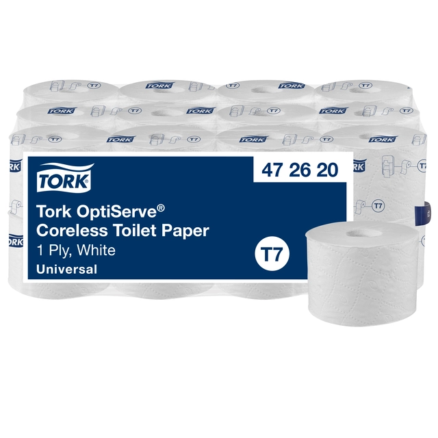 Een Toiletpapier Tork T7 Universal OptiServe Coreless 1-laags 144m wit 472620 koop je bij Omnia 4 Office