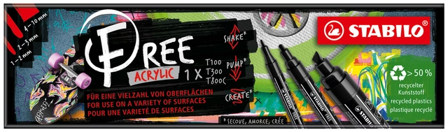 Een Acrylmarker STABILO Free Acrylic Mixed Tip set à 3 breedtes zwart koop je bij Unimark Office B.V.