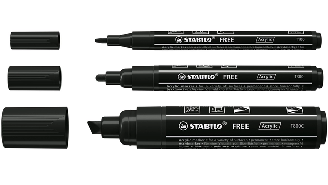 Een Acrylmarker STABILO Free Acrylic Mixed Tip set à 3 breedtes zwart koop je bij Unimark Office B.V.