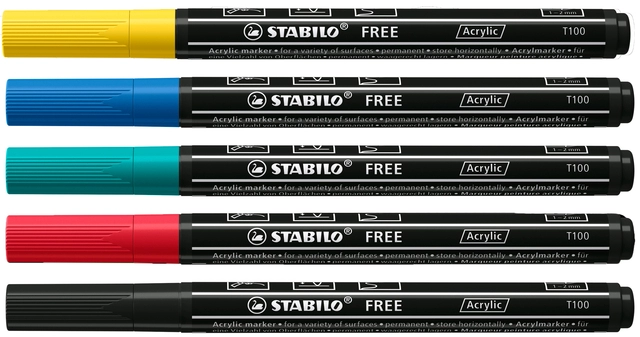 Een Acrylmarker STABILO Free Acrylic T100 Royal assorti 5 stuks koop je bij Unimark Office B.V.