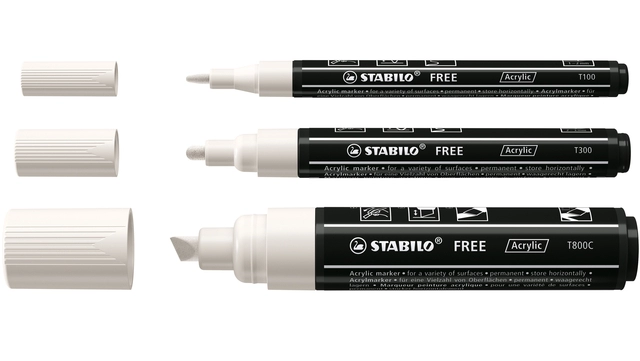 Een Acrylmarker STABILO Free Acrylic Mixed Tip set à 3 breedtes wit koop je bij Unimark Office B.V.