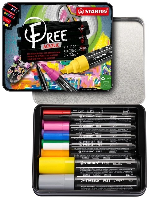 Een Acrylmarker STABILO Free Acrylic Starter Kit assorti 11 stuks koop je bij Unimark Office B.V.