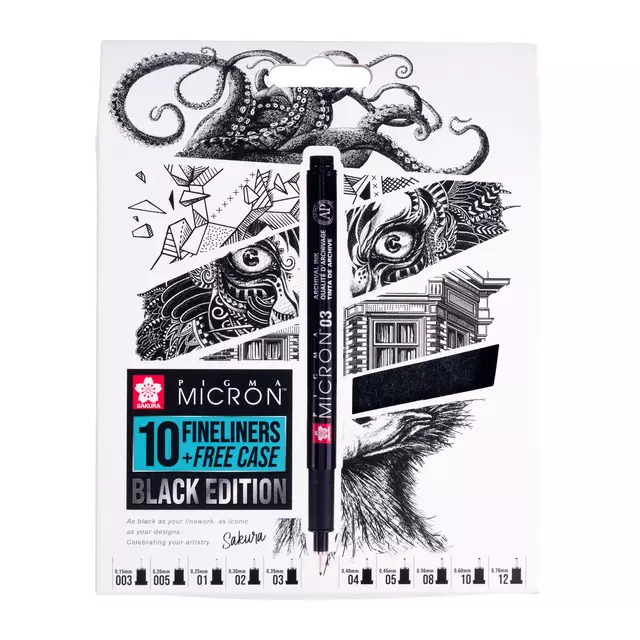 Een Fineliner Sakura Pigma Micron Edition Black set 10 largeurs + étui gratuit koop je bij Van Hoye Kantoor BV