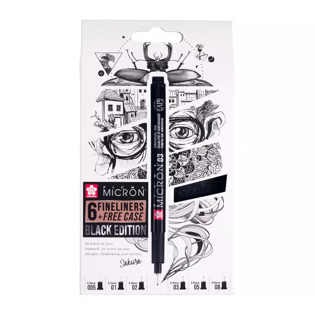 Een Fineliner Sakura Pigma Micron Black Edition set à 6 breedtes + gratis etui koop je bij KantoorProfi België BV