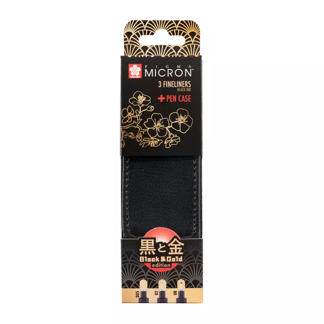 Een Fineliner Sakura Pigma Micron Edition Black &amp; Gold set 3 largeurs + étui gratuit koop je bij Van Hoye Kantoor BV