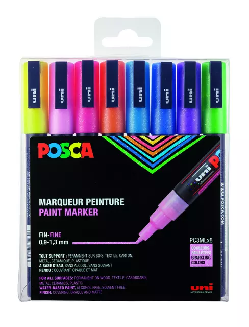 Een Verfstift Posca PC3M fijn glitter pastel assorti set a 8 stuks koop je bij Ziffo Kantoorcentrum BV