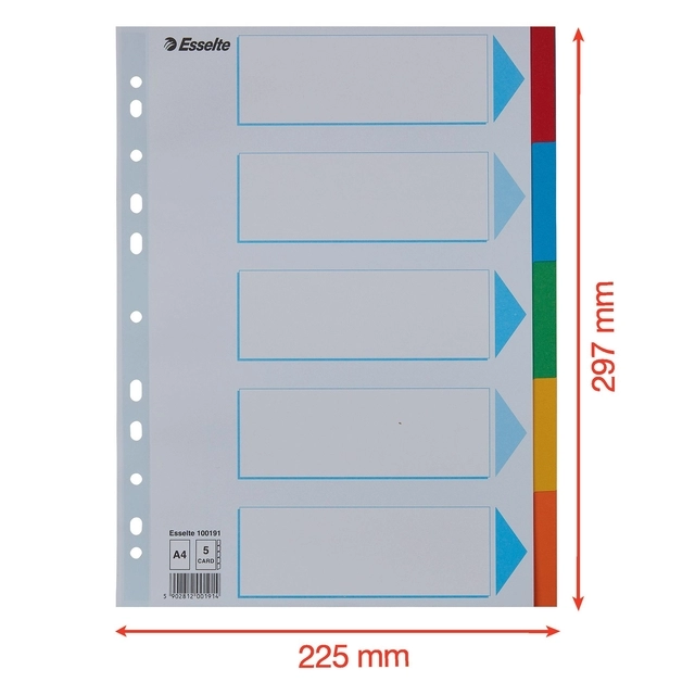 Een Tabbladen Esselte Standaard A4 5-delig karton 11-rings met voorblad assorti koop je bij Unimark Office B.V.