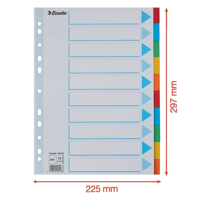 Een Tabbladen Esselte Standaard A4 10-delig karton 11-rings met voorblad assorti koop je bij Unimark Office B.V.