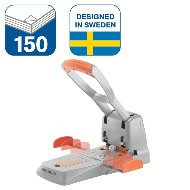 Een Perforator Rapid Supreme HDC150/2 heavy duty 2-gaats 150 vel zilver/oranje koop je bij KantoorProfi België BV