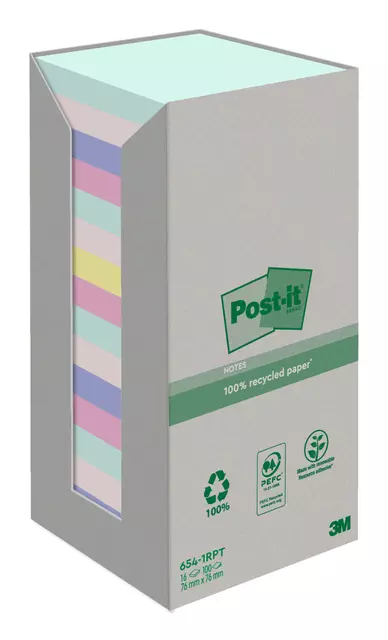 Een Memoblok 3M Post-it 654 76x76mm recycled rainbow pastel koop je bij Van Leeuwen Boeken- en kantoorartikelen