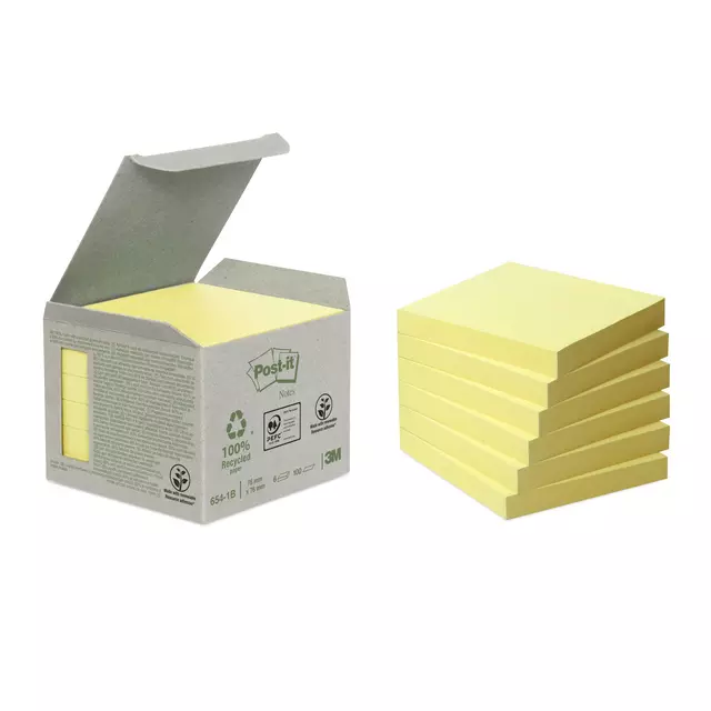 Een Memoblok 3M Post-it 654 76x76mm recycled geel koop je bij Van Leeuwen Boeken- en kantoorartikelen