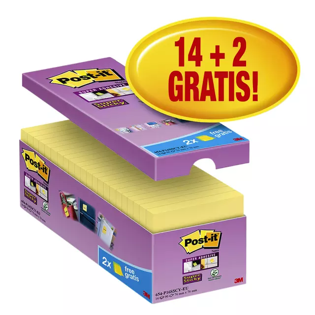 Een Memoblok 3M Post-it 654 Super Sticky 76x76mm geel 14+2 gratis koop je bij Van Leeuwen Boeken- en kantoorartikelen
