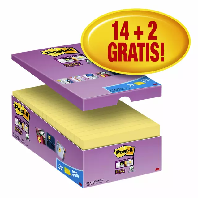 Een Memoblok 3M Post-it 655 Super Sticky 76x127mm geel 14+2 gratis koop je bij Van Leeuwen Boeken- en kantoorartikelen