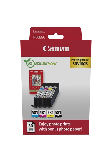 Een Inktcartridge Canon CLI-581 4 kleuren + 50vel fotopap 10x15cm koop je bij De Angelot