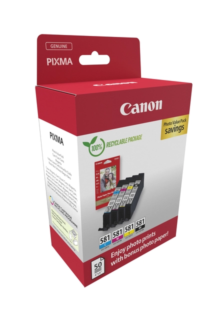 Een Inktcartridge Canon CLI-581 4 kleuren + 50vel fotopap 10x15cm koop je bij De Angelot