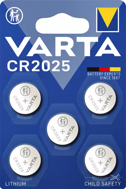 Een Batterij Varta knoopcel CR2025 lithium blister à 5stuk koop je bij MV Kantoortechniek B.V.