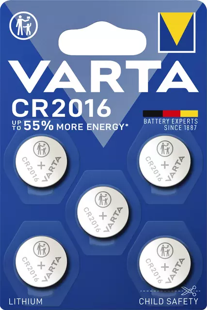 Een Batterij Varta knoopcel CR2016 lithium blister à 5stuk koop je bij KantoorProfi België BV
