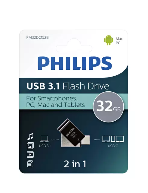 Een USB-stick 3.1 Philips USB-C 2-in-1 Midnight Black 32GB koop je bij KantoorProfi België BV