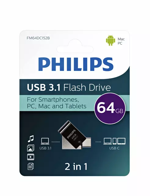 Een USB-stick 3.1 Philips USB-C 2-in-1 midnight black 64GB koop je bij EconOffice