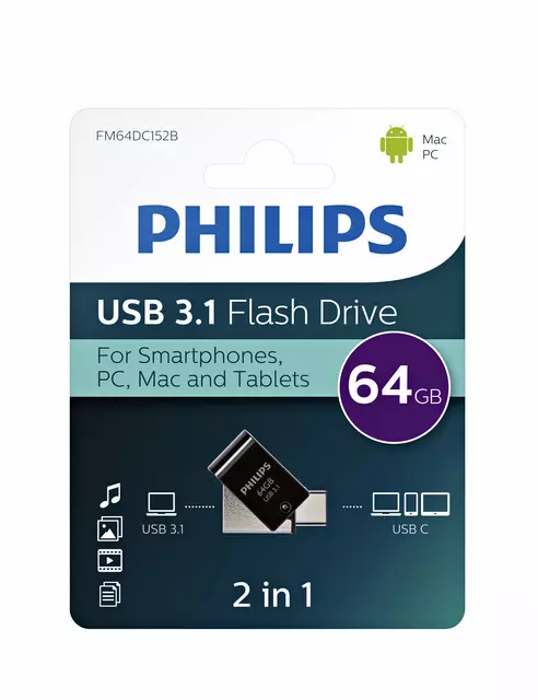 Een USB-stick 3.1 Philips USB-C 2-in-1 midnight black 64GB koop je bij KantoorProfi België BV