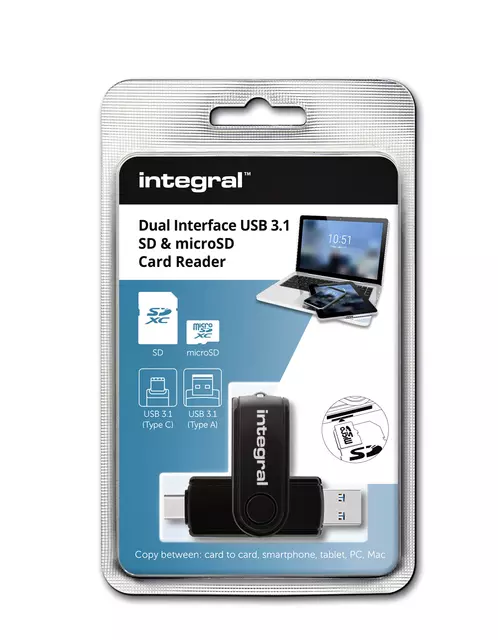 Een Kaartlezer Integral SD + Micro SD naar 3.1 USB-C USB-A koop je bij MV Kantoortechniek B.V.