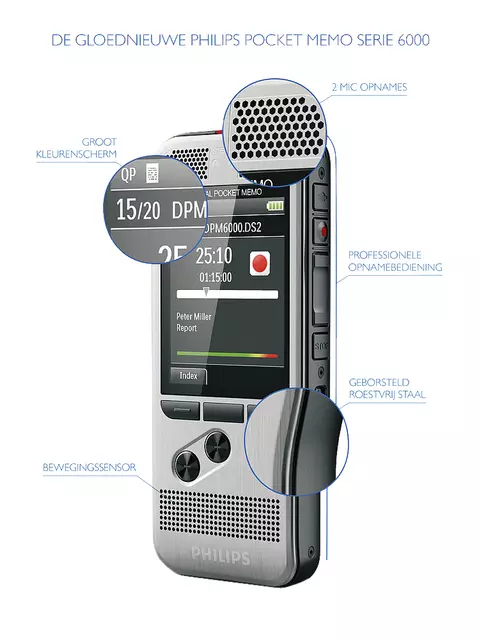 Een Dicteerapparaat Philips PocketMemo DPM6000 koop je bij MV Kantoortechniek B.V.