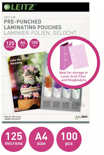 Een Lamineerhoes Leitz iLAM A4 met perforatieband 2x125micron EVA 100 stuks koop je bij Van Leeuwen Boeken- en kantoorartikelen
