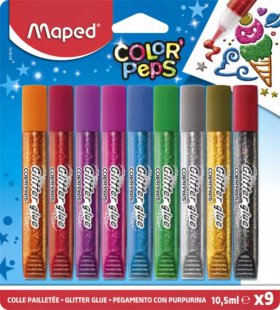 Een Glitterlijm Maped Color'Peps set á 9 kleuren koop je bij MV Kantoortechniek B.V.