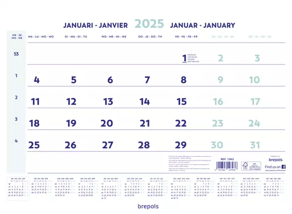 Een 1-Maandskalender 2025 Brepols 43x31.5cm koop je bij The Cartridge Company