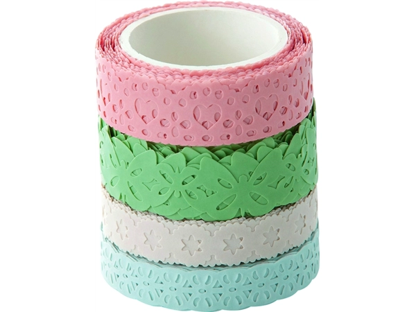 Een Washi tape Folia kant pastel 2x 15mmx5m 2x 10mmx5m 4 designs 4 kleuren koop je bij NiceSupplies.nl