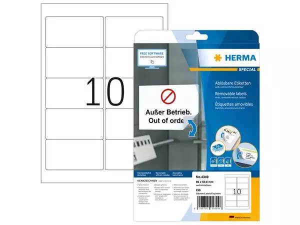 Etiket HERMA 4349 A4 96x50.8mm verwijderbaar wit 250 etiketten