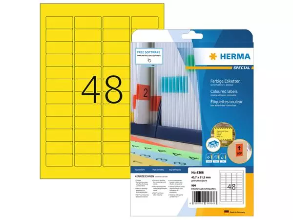 Een Etiket HERMA 4366 A4 45.7x21.2mm verwijderbaar geel koop je bij Van Leeuwen Boeken- en kantoorartikelen