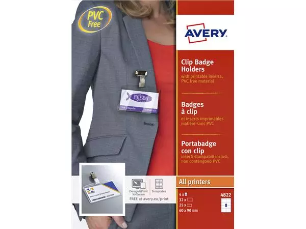 Een Badge Avery met clip 4822 60x90mm 25 stuks + 32 insteekkaarten koop je bij Ziffo Kantoorcentrum BV