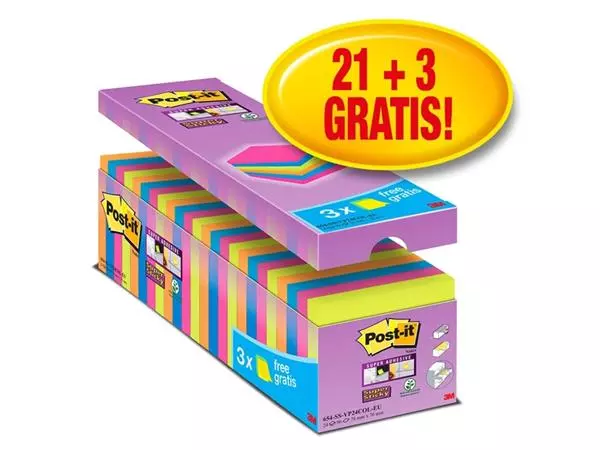 Een Bloc-mémos Post-it 654 Super Sticky 76x76mm 21+3 gratuits assorti koop je bij QuickOffice BV