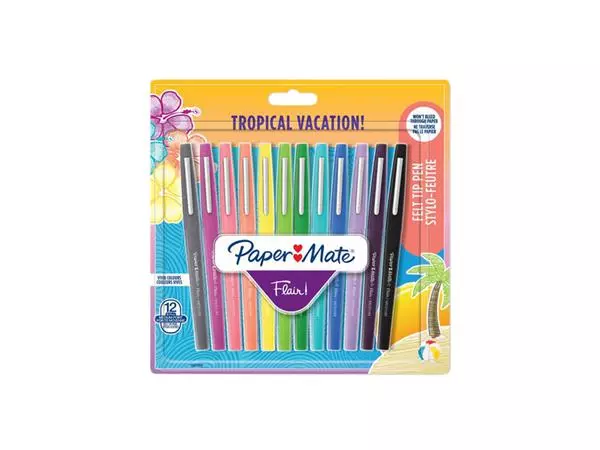 Fineliner Paper Mate Flair Tropical Vacation! Medium assorti blister à 12 stuks